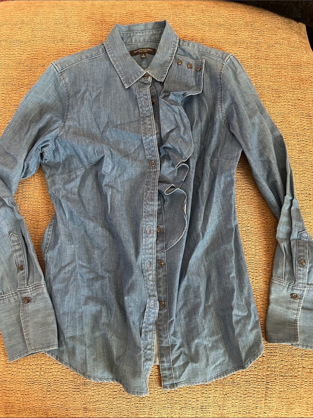 Banana Republic Blue Denim Ruffle-Front Button-Down Shirt